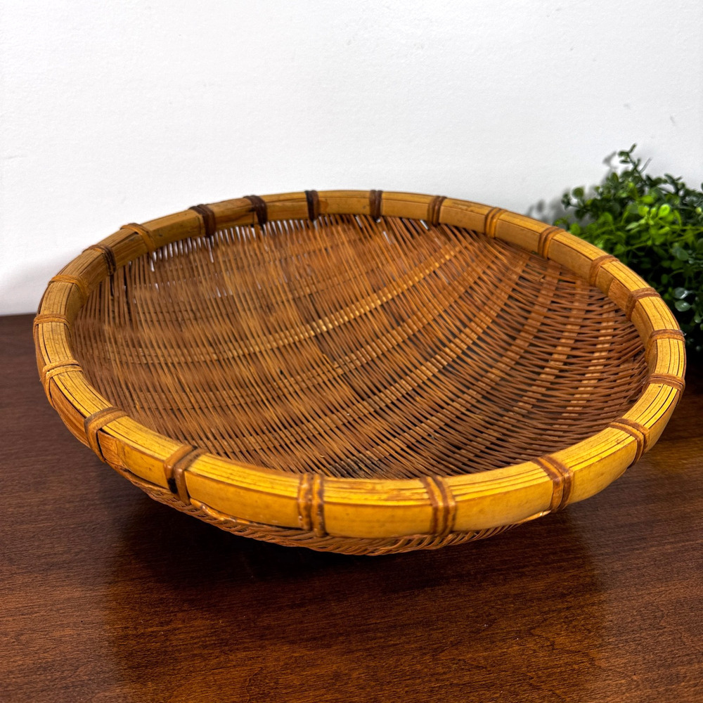 Vintage Handwoven Bamboo Winnowing Basket Primitive Asian Rice Grain Basket